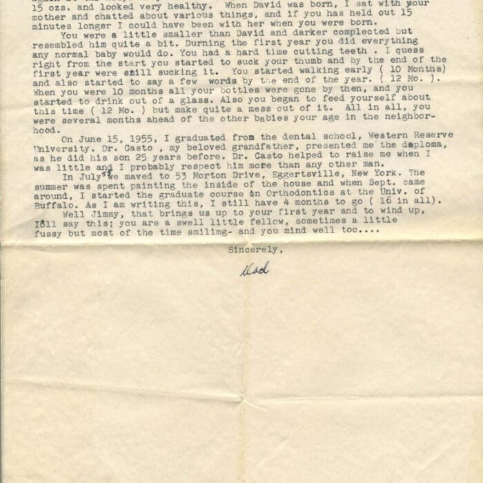 Letter from Laurence C Wright to his son James Wright about his birth in 1956